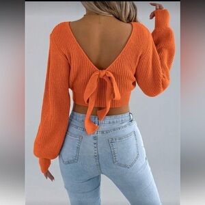 SHEIN || NWOT Y2K Backless Bow Tie Sweater Women Cold Shoulder Puff Sleeve (M)